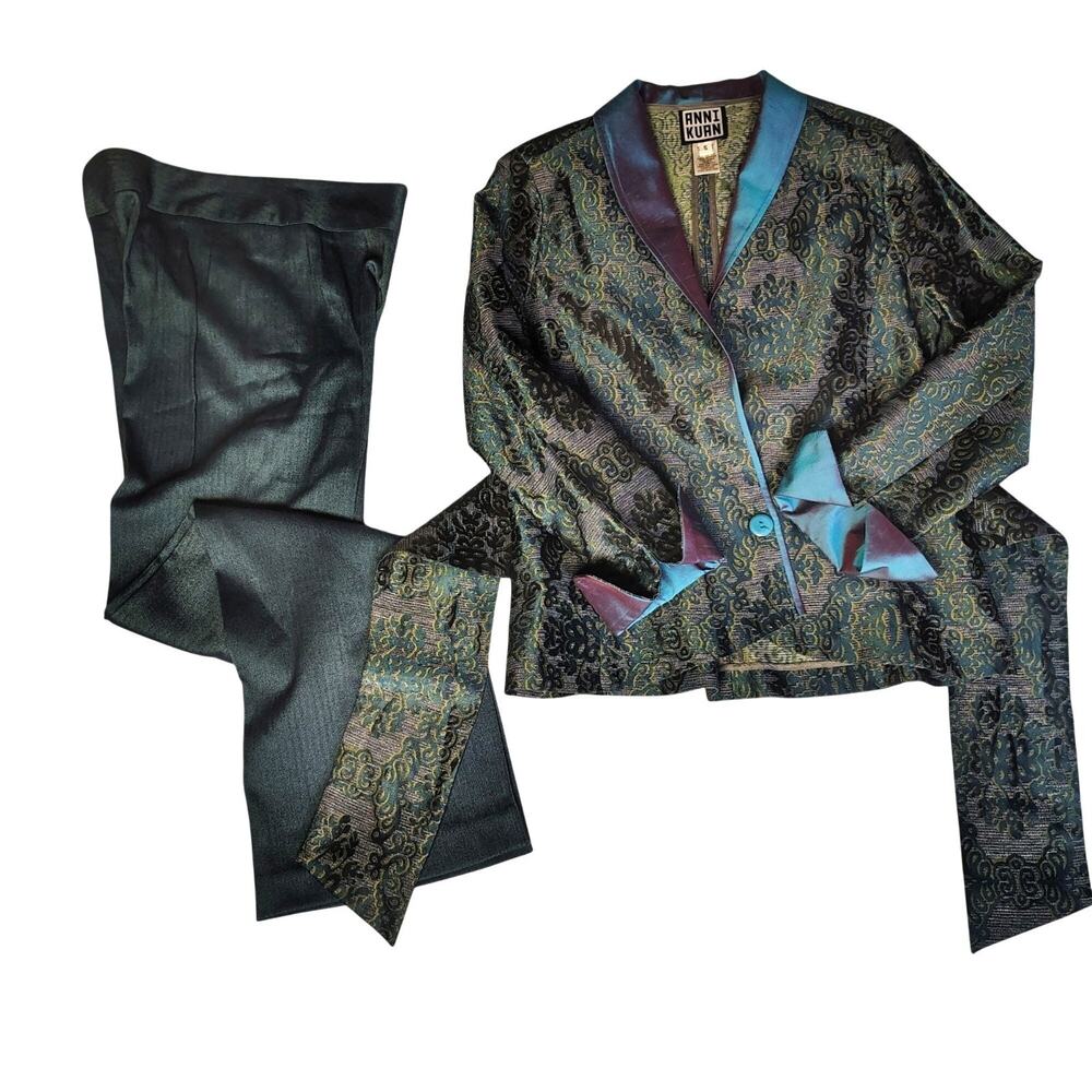 Anni Kuan Silk Metallic Peacock Brocade Jacket Pants Suit Set Vintage Small #612 - Picture 2 of 16
